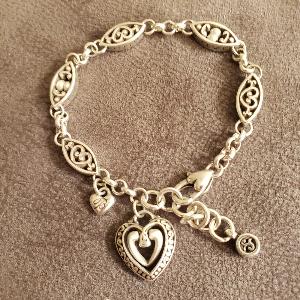 Brighton Silver Ellington Dangling heart charm bracelet W Filigree Stations Rare